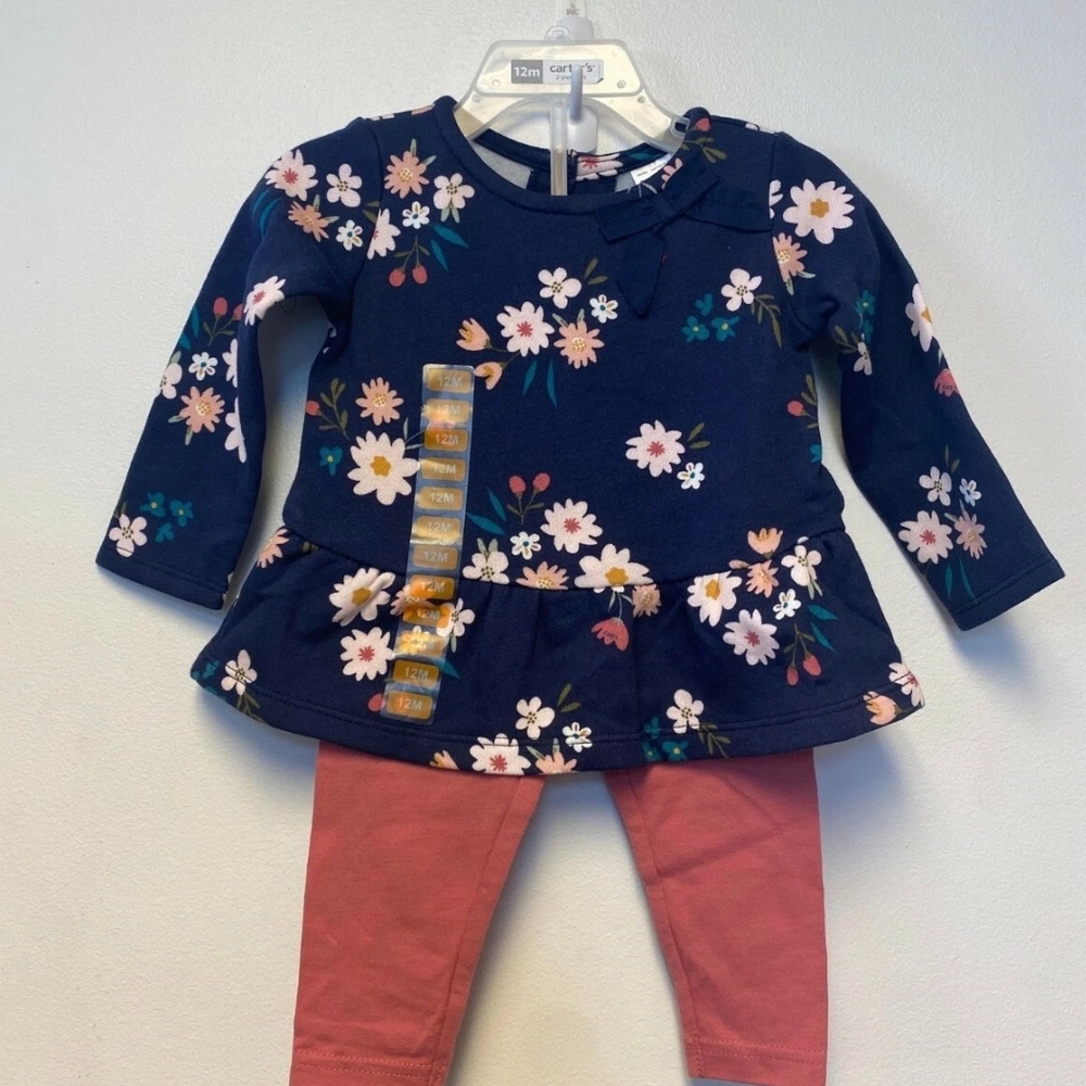 Carter's Navy Floral Peplum Top with Coral Leggings